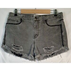 Free People Lace Trim Distressed Exposed Pockets Black Gray Jean Shorts Women 30